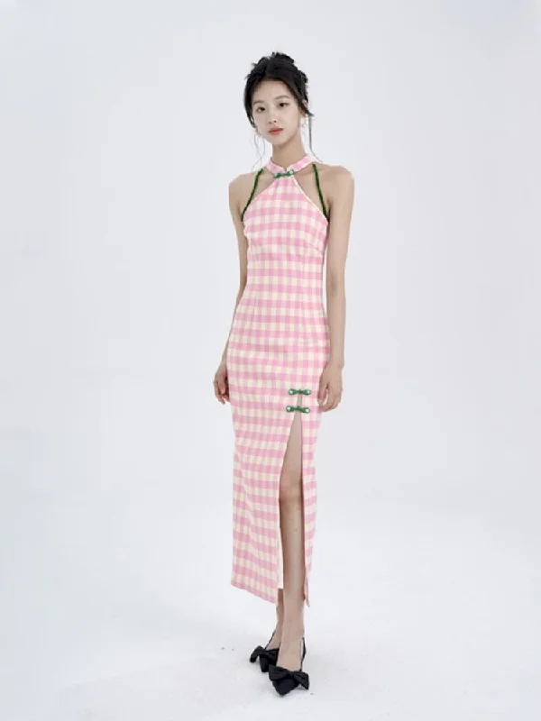 Pink Check Slim Long Cheongsam Dress【s0000008783】 Tunics Top rated