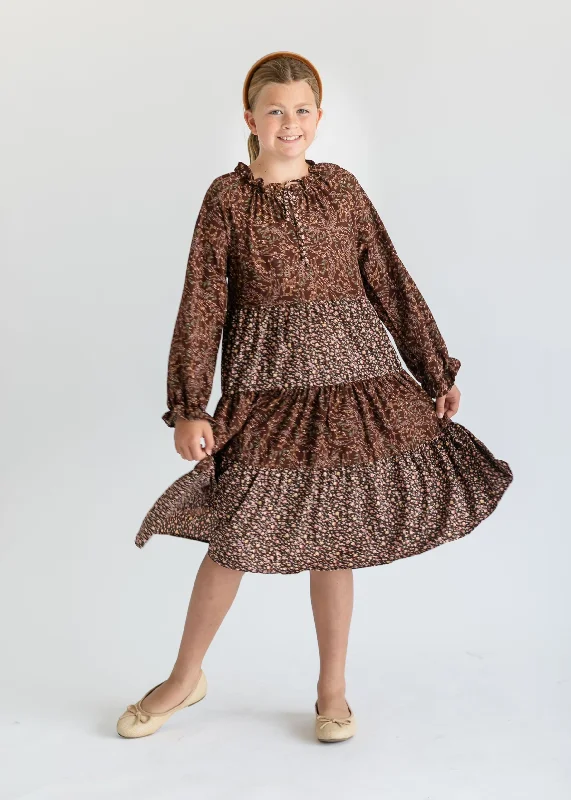 Girl's Long Sleeve Brown Floral Dress Tunics Bridal satin