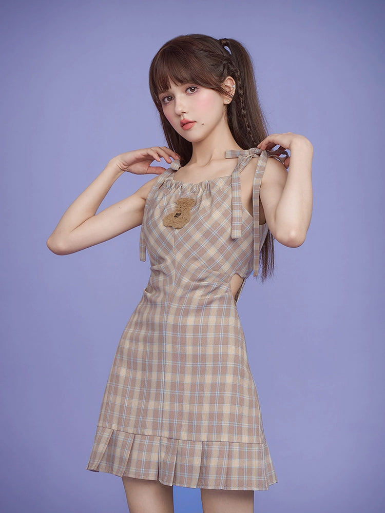 Plaid waist slim dress【s0000008913】 Square Neckline Feminine