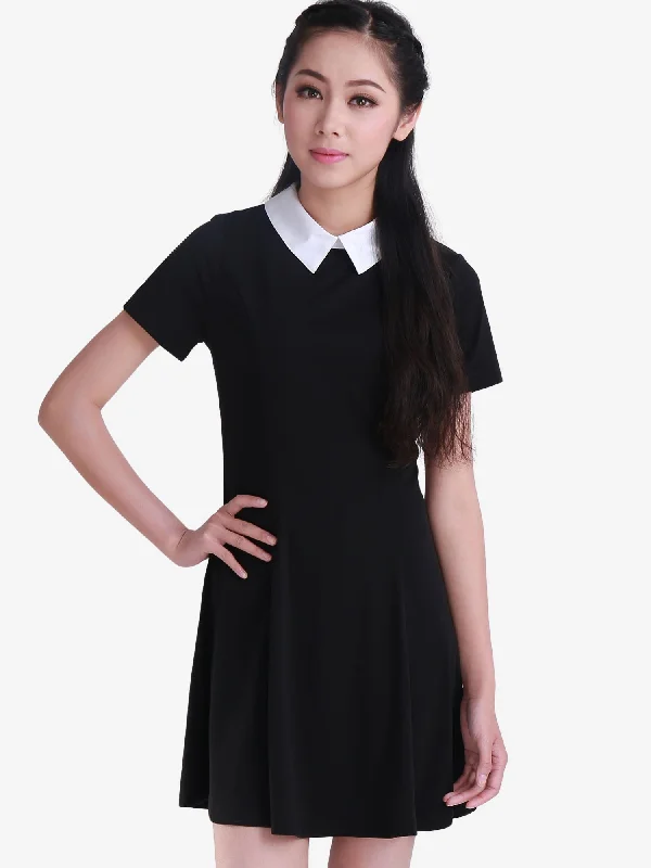 Contrast Doll Collar Short Sleeve Above Knee Flare Dress Tunics Chic elegant