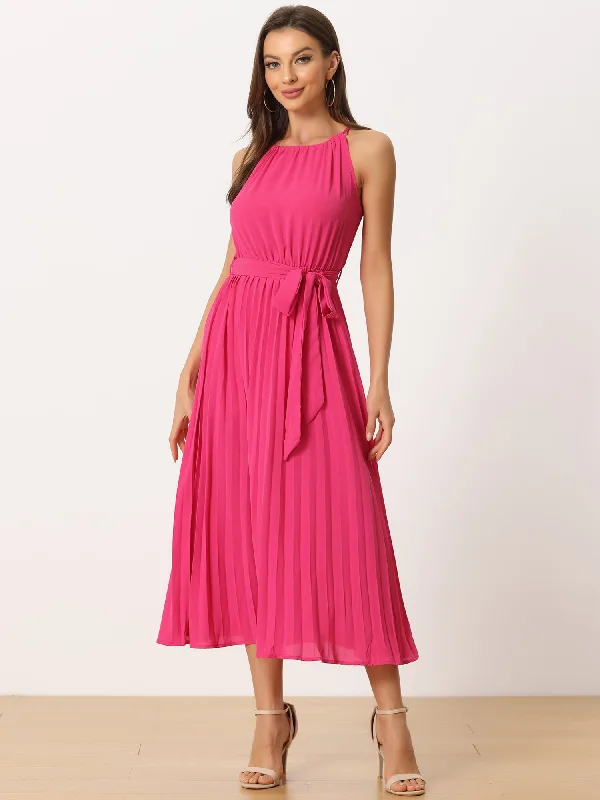 Women's Sleeveless Halter Neck Belted A-Line Cocktail Pleated Dress Tunics Summer linen