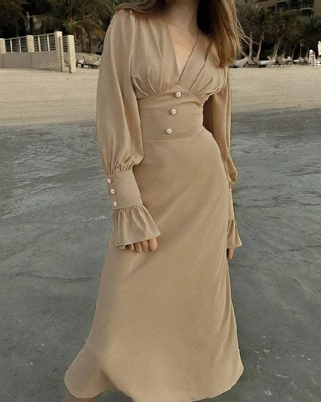 Ladies V-Neck Puff Sleeves Long Dress LYQ8489 Tunics Long Elegant