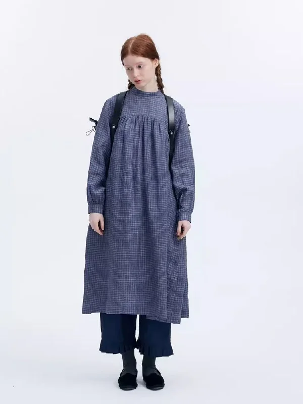 Plaid Loose Standing Collar Gown Dress【s0000007968】 Tunics Silk luxurious