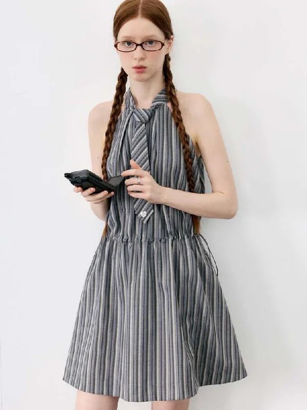 Halter Neck Tie Sleeveless Striped A-Line Dress【s0000008090】 Tunics Practical durable