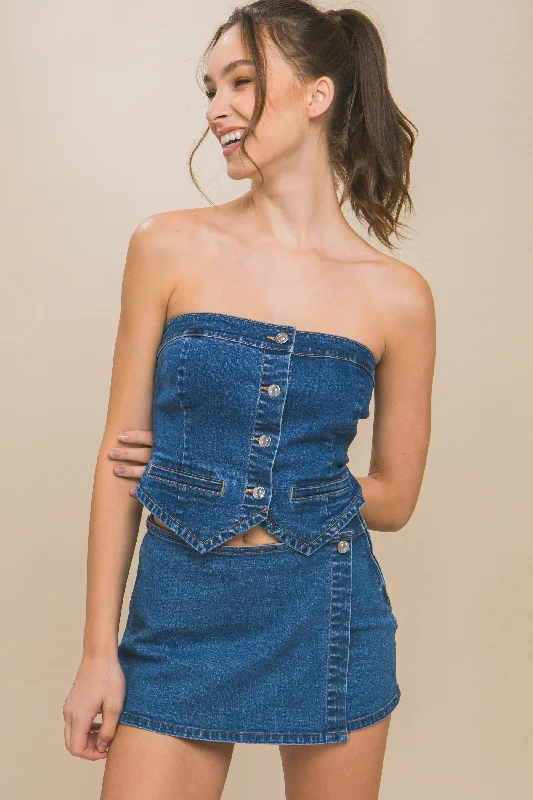 Denim Strapless Button-up Crop Top Front Pockets Side Pockets Patch Pockets