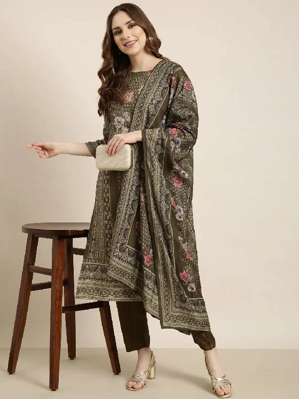 Women Straight Olive Floral Kurta and Trousers Set Comes With Dupatta-BC-SK-1880-Olive Trousers Versatile Stylish