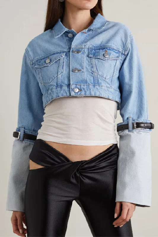 storexq Patchwork Belt Design Stylish Denim Jacket Ribbed Jacket Pleated Jacket Ruffled Jacket