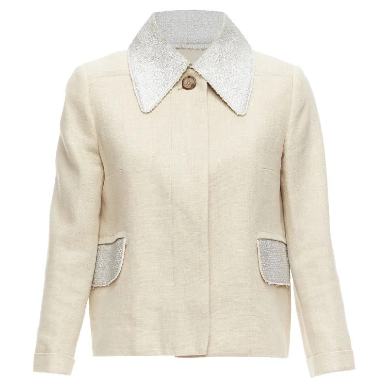 Carven Linen Cotton Blend Tweed Collar Button Boxy Jacket Boat Neck Shawl Collar Notched Collar