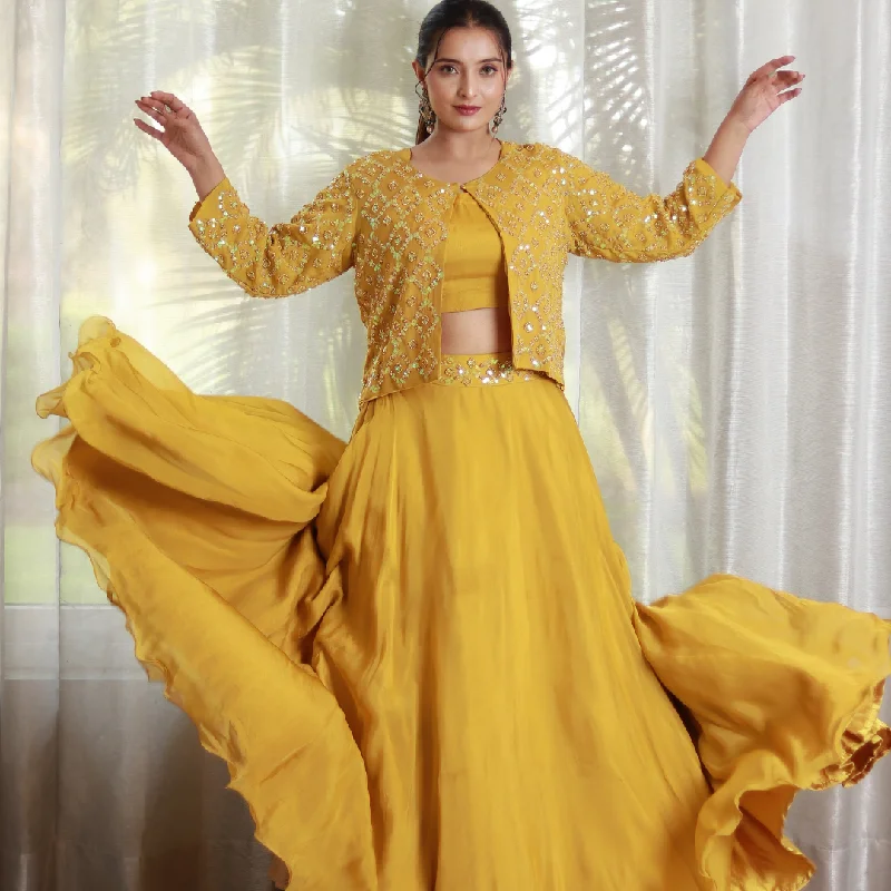 Mustard Yellow Embroidered Jacket Lehenga Set Plaid Jacket Tartan Jacket Houndstooth Jacket