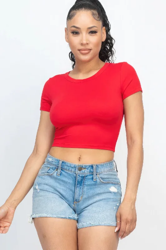 Short Sleeve Roundneck Crop Top Chenille Blend Fleece Blend Nylon Blend