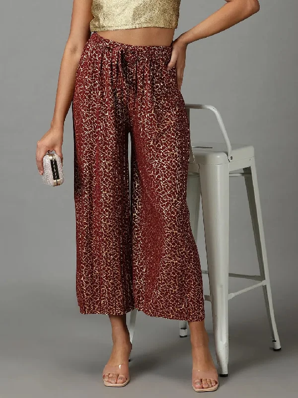 Women's Maroon Printed Parallel Trouser-AC-05-Maroon Trousers Essential Wardrobe