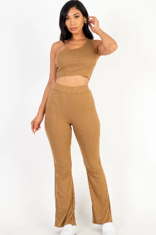 Ribbed Crop Top with One Shoulder & Flared Pants Ensemble Faux Fur Fabric Real Fur Fabric Shearling Fabric