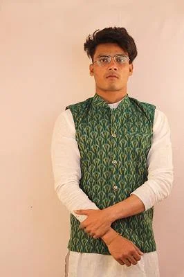 Sambalpuri Designer Gents Half Jacket in  Green, Yellow & White Color Corduroy Jacket Velvet Jacket Brocade Jacket