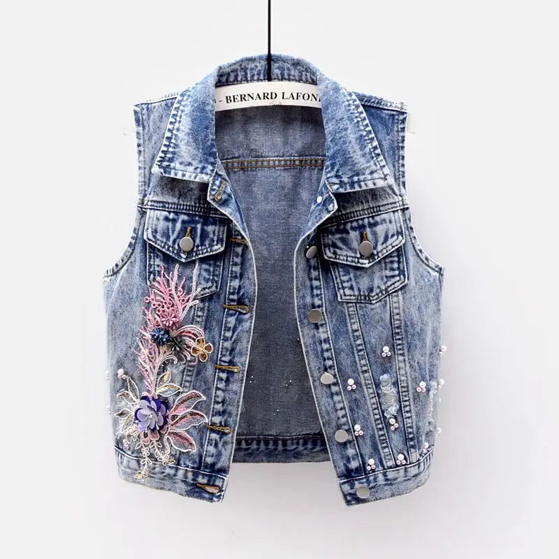 Beaded Denim Vest Sleeveless Jacket Zippered Front Buttoned Front Snap Front