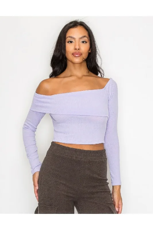 Bardot ribbed long sleeve crop top Welt Pockets Slit Pockets Flap Pockets