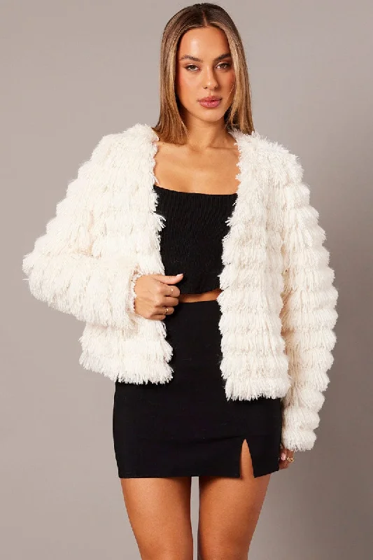 White Shag Faux Fur Jacket Trench Coat Raincoat Waterproof Jacket