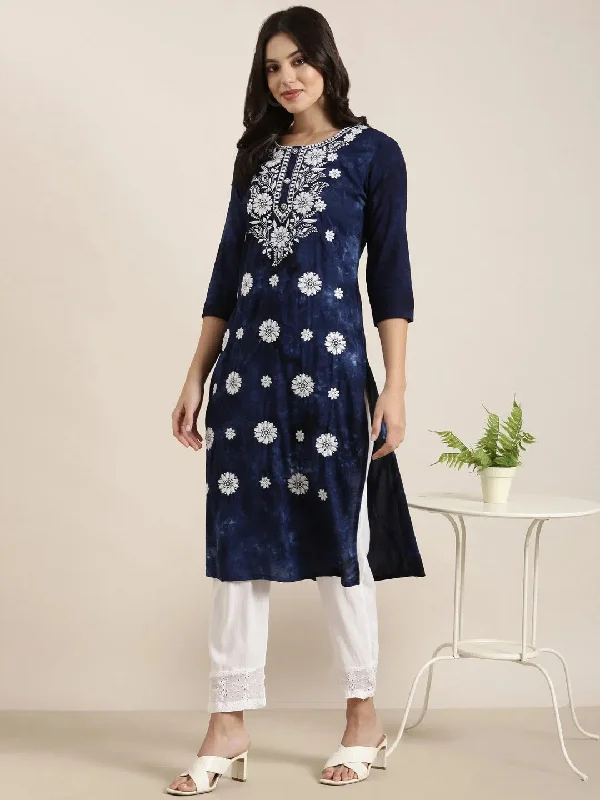 Women Straight Navy Blue Floral Kurta and Trousers Set-RJF-054-Navyblue Trousers Palazzo Wide Leg