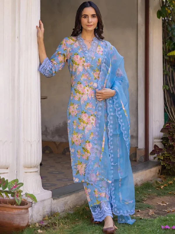 Women's Blue Viscose Rayon Floral Embroidered Straight Kurta Trouser With Dupatta - Ahika Trousers chic fashionable