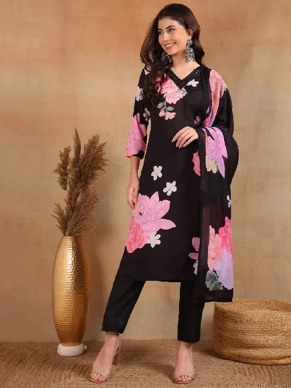 Women's Black Cotton Blend Floral Printed Straight Kurta Trouser With Dupatta - Ahika Trousers fashionable trendy