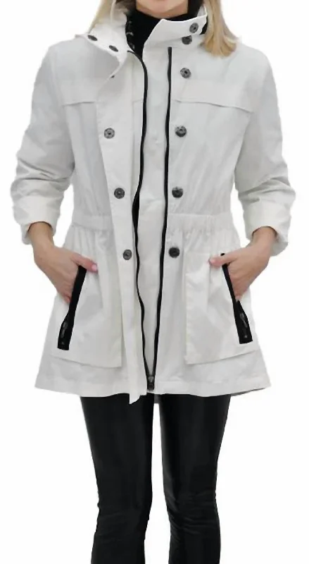 Tess Weather Proof Jacket In White Black Trim Wool Fabric Cashmere Fabric Tweed Fabric