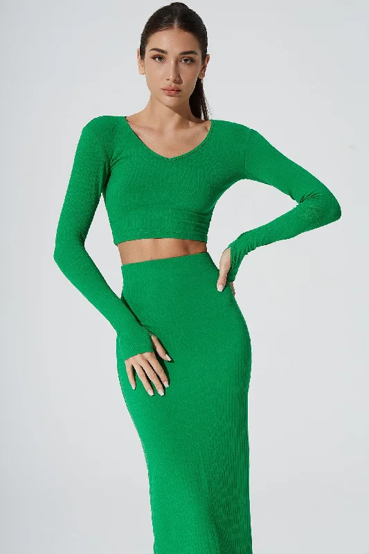 Zeya Knitted Long Sleeve Crop Top - Fern Green Rayon Fabric Velvet Fabric Corduroy Fabric