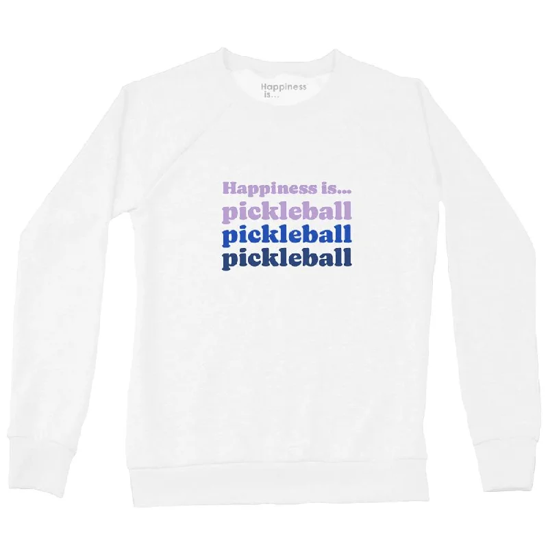 Happiness Is... Women's Pickleball Triple Crew Sweatshirt - White Hoodie with Longline Fit Extended Stylish