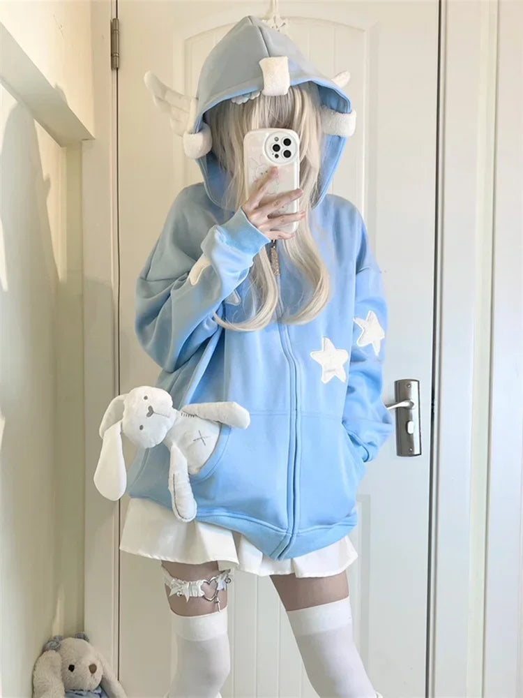 Advbridge Japanese Y2K Zip Up Blue Hoodie Women Harajuku Kawaii Angel Wings Pink Sweatshirts Oversized Subculture Star Black Jacket V-Neck Jacket Boat Neck Jacket Square Neck Jacket