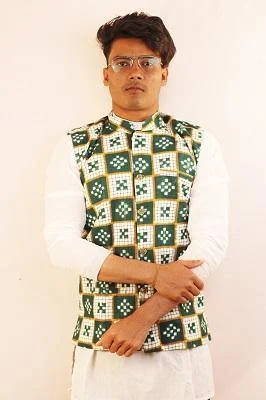 Sambalpuri Designer Gents Half Jacket in  White, Green & Golden Color Mesh Jacket Canvas Jacket Denim Jacket