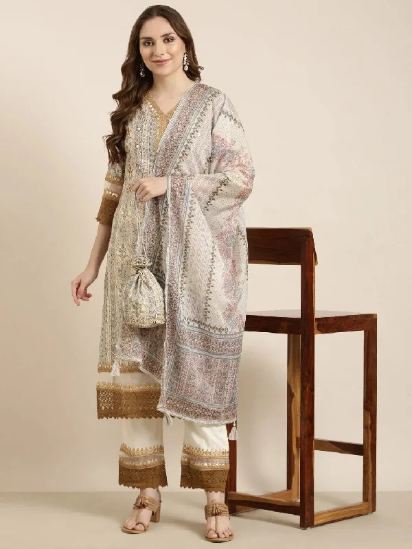 Women Straight Beige Floral Kurta and Trousers Set Comes With Dupatta-GW-4401-Beige Trousers Velvet Soft