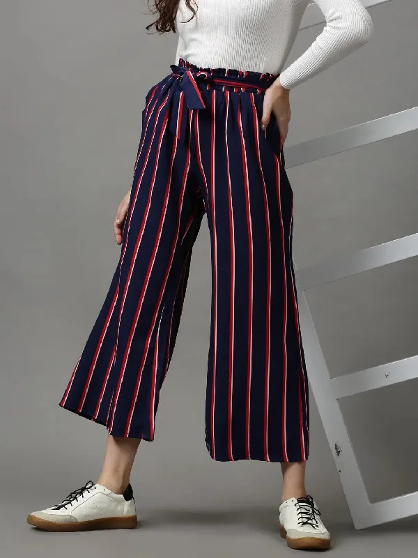 Women's Navy Blue Striped Parallel Trouser-AE-10413-Navyblue Trousers Formal Black