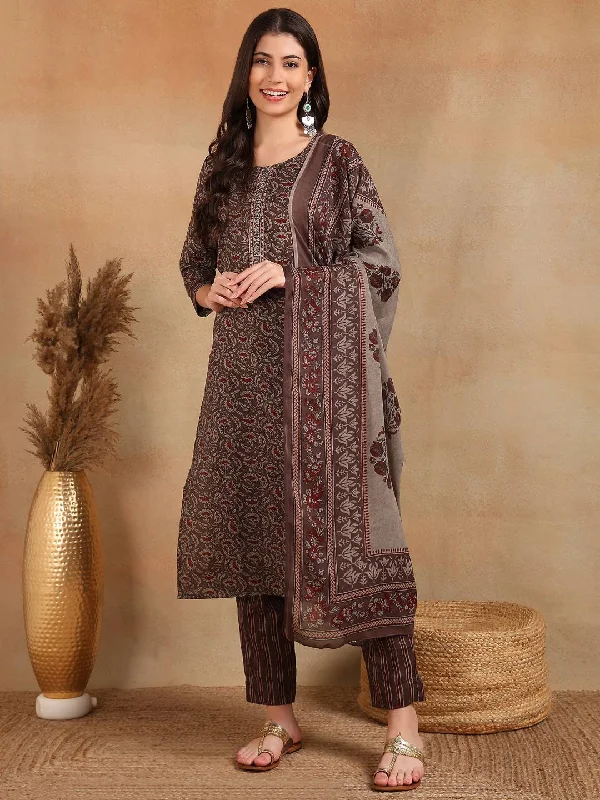 Women's Grey Rayon Blend Ethnic Motifs Printed Straight Kurta Trousers With Dupatta - Ahika Trousers practical easy-care