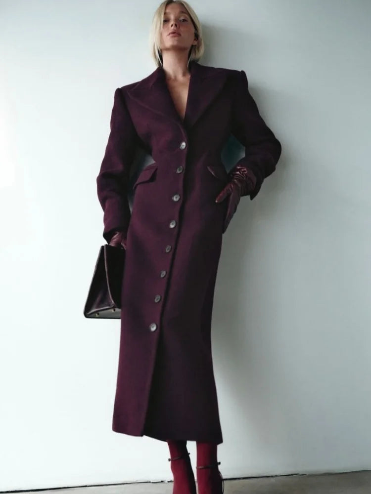 Fashion Burgundy Lapel High Waist Long Woolen Jacket Elegant Solid Color Full Sleeves Overcoat New Woman High Street Outerwear One-Shoulder Jacket Off-the-Shoulder Jacket Asymmetrical Jacket