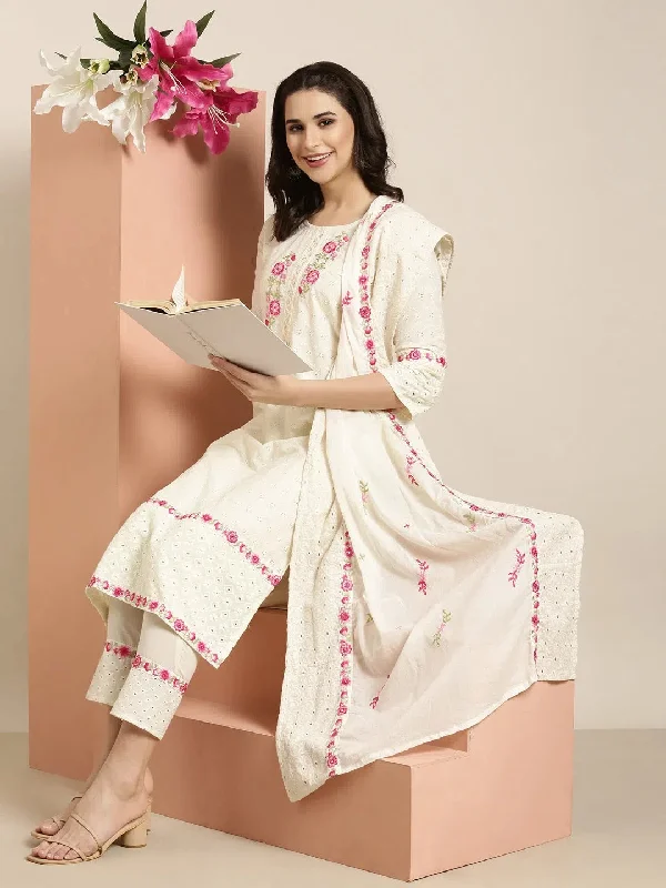 Women Straight Cream Floral Kurta and Trousers Set Comes With Dupatta-DF-3158-Cream Trousers Elastic Waist Soft