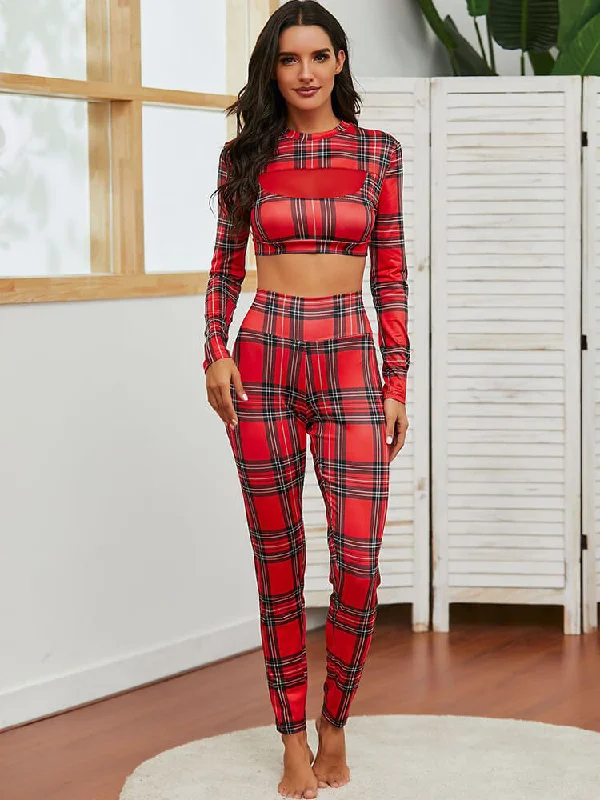 Two Piece Long Sleeve Plaid Crop Top & High Waist Pants Cozy Warm Stylish