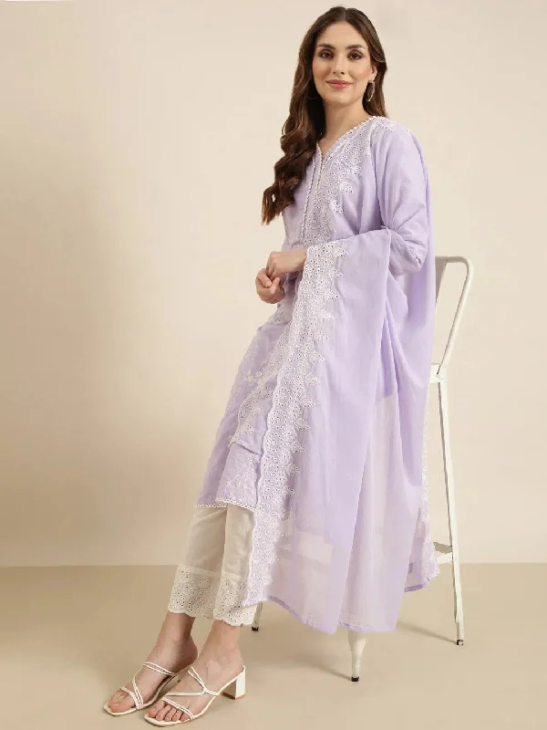 Women Straight Lavender Floral Kurta and Trousers Set Comes With Dupatta-DK-3052-Lavender Trousers luxurious premium