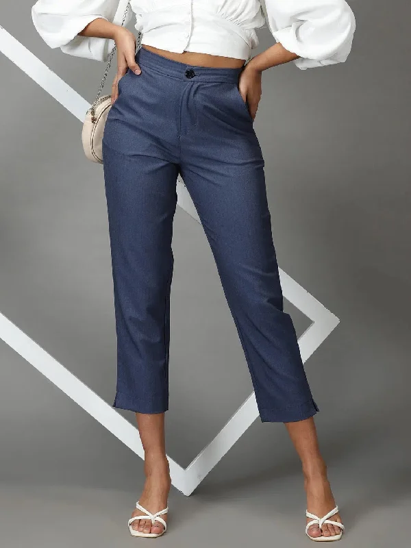 Women's Blue Solid Formal Trouser-IM-10394-Blue Trousers Vintage Classic