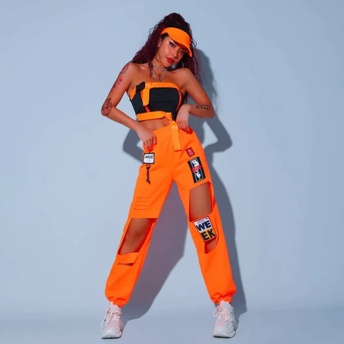 Orange Street Dance Outfit Set for Raves (Crop Top + Pants) Notch Collar Peter Pan Collar Cowl Neck