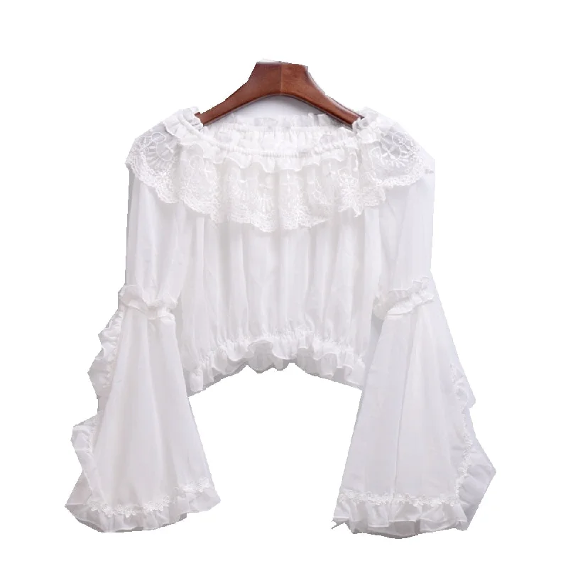 Chiffon Blouse Lolita Sweet Women Off Shoulder Crop Tops Shirt Houndstooth Herringbone Solid