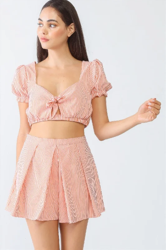 White & Orange Stripe Print Self-tie Short Sleeve Crop Top & High Waist Shorts Set Rayon Velvet Corduroy