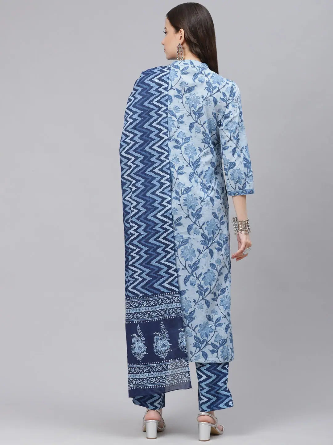 Ahika Women Blue Ethnic Motifs Print Pure Cotton Kurta With Trousers Dupatta Trousers Travel Practical