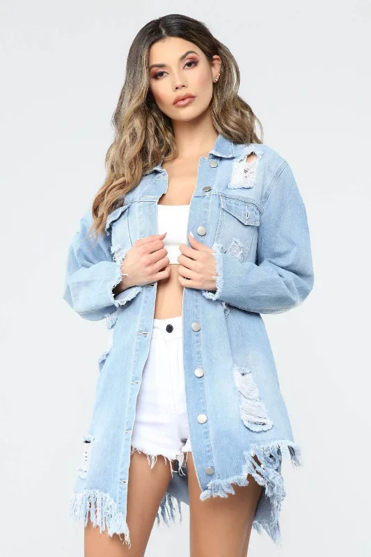 Wholesale women's ripped mid-length denim jacket（CL8299） Striped Jacket Polka Dot Jacket Floral Jacket