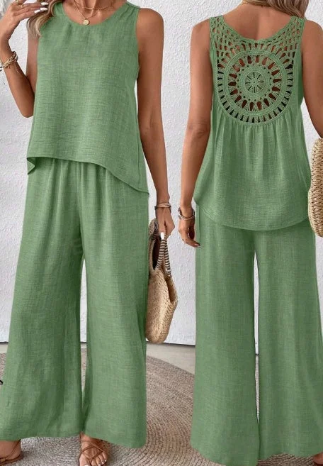 Solid Tank Top & Wide Leg Pants For Summer Vacation casual tank top