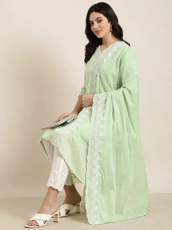 Women Straight Green Floral Kurta and Trousers Set Comes With Dupatta-DK-3052-Green Trousers Business Professional