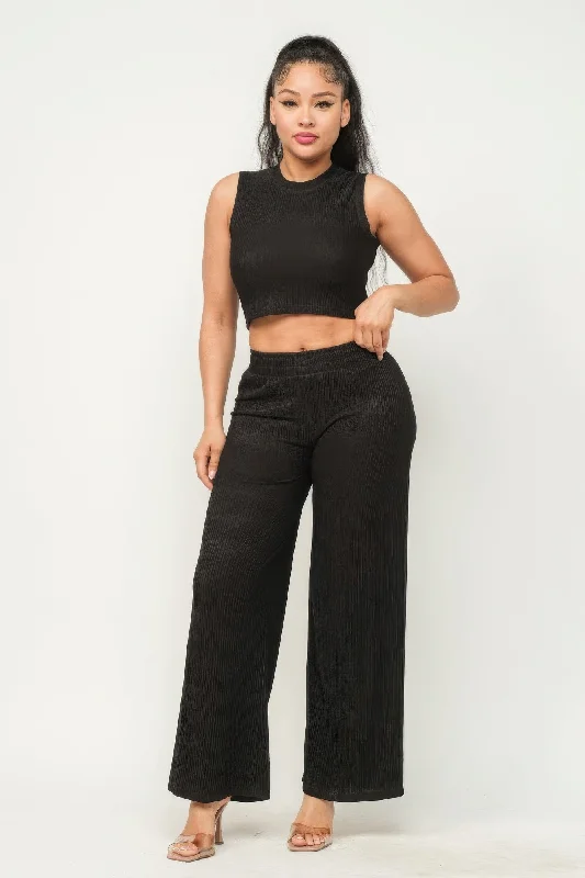 Crop Top And Wide Pants Set Nylon Fabric Polyester Fabric Spandex Fabric