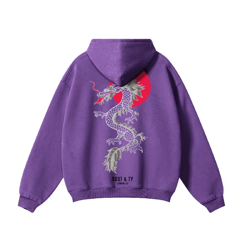 Soot and Ty Reflective Dragon Print Relaxed Fit Purple Hoodie Hoodie with Double Zipper Versatile Adjustable