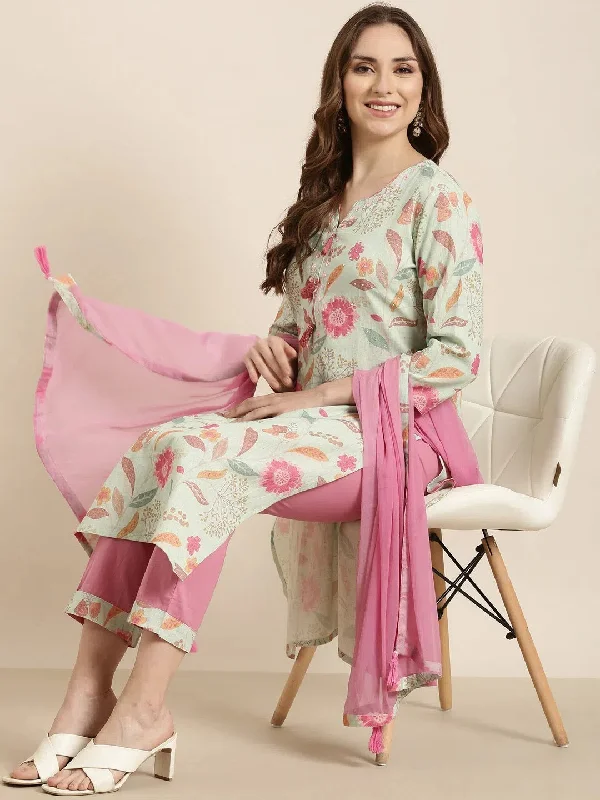 Women Straight Sea Green Floral Kurta and Trousers Set Comes With Dupatta-UB-006-Seagreen Trousers Mesh Breathable