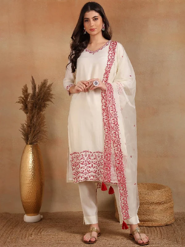 Women's Off White Chanderi Silk Solid Embroidered Straight Kurta Trousers With Dupatta - Ahika Trousers cozy soft