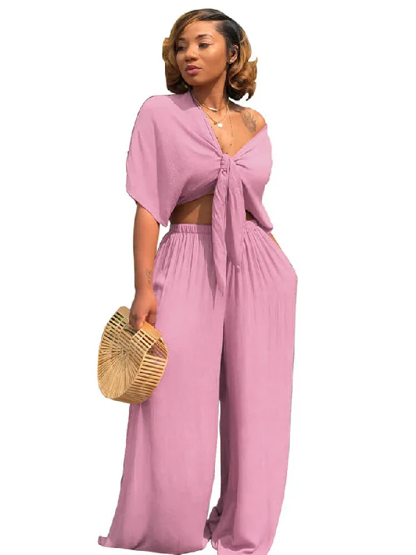 Two Piece Bowknot Tie Front Crop Top+Wide Leg Pant Sets Collared Crew Neck Turtle Neck