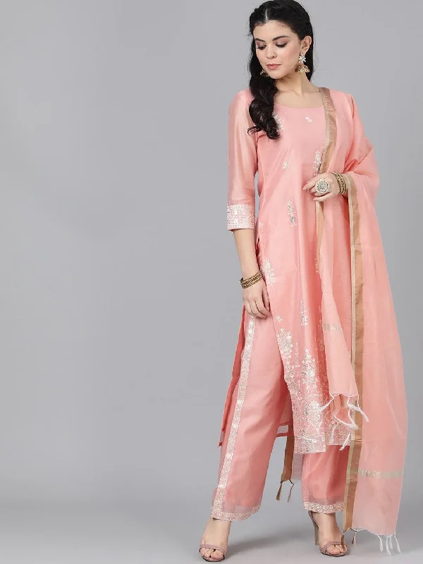 Women Peach Kurta with Trousers & Dupatta by AKS (3 Pc Set) Trousers Harem Relaxed Fit