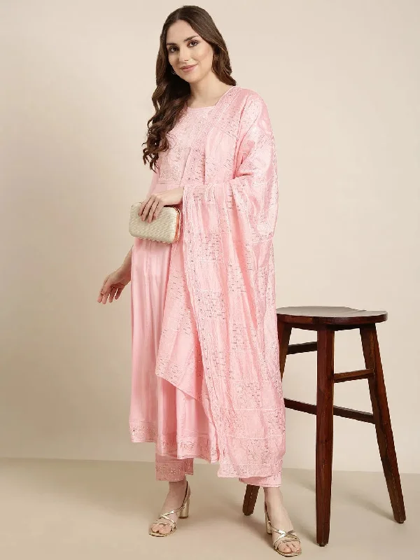 Women Anarkali Pink Solid Kurta and Trousers Set Comes With Dupatta-UB-2886-Pink Trousers Timeless Classic